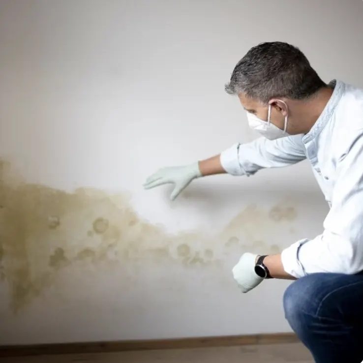 Persona con mascarilla y guantes revisando una pared con manchas de humedad y moho